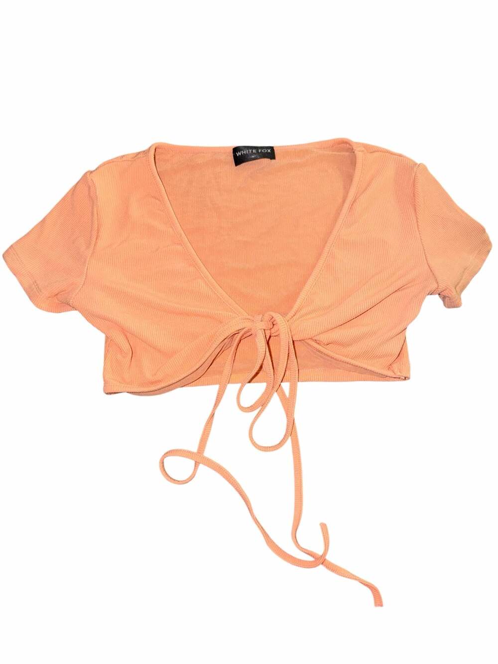 White Fox Boutique “My Mind’s Set” Ribbed Tie-Front Crop Top – Peach / Apricot